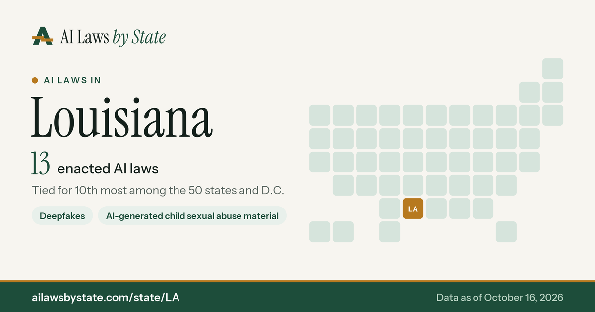 Chart: AI laws enacted in Louisiana, with the state highlighted on a map of the U.S.