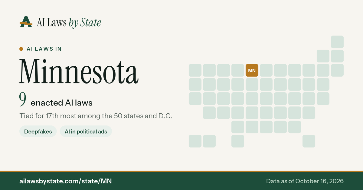 Chart: AI laws enacted in Minnesota, with the state highlighted on a map of the U.S.