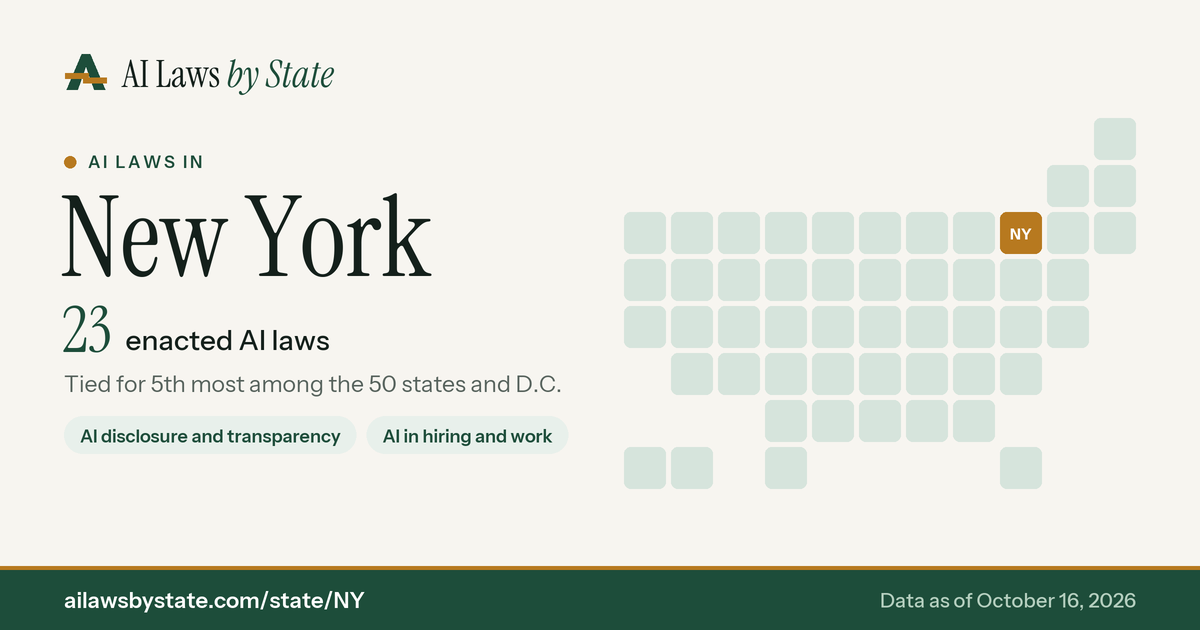 Chart: AI laws enacted in New York, with the state highlighted on a map of the U.S.
