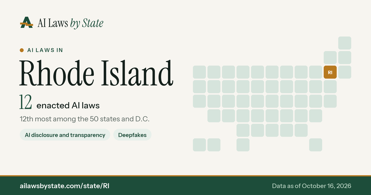 Chart: AI laws enacted in Rhode Island, with the state highlighted on a map of the U.S.
